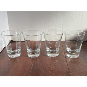 Set of 4 Etched Glass Juice Tumblers Mismatched Dots Stripes Swirl Clear 4 inch